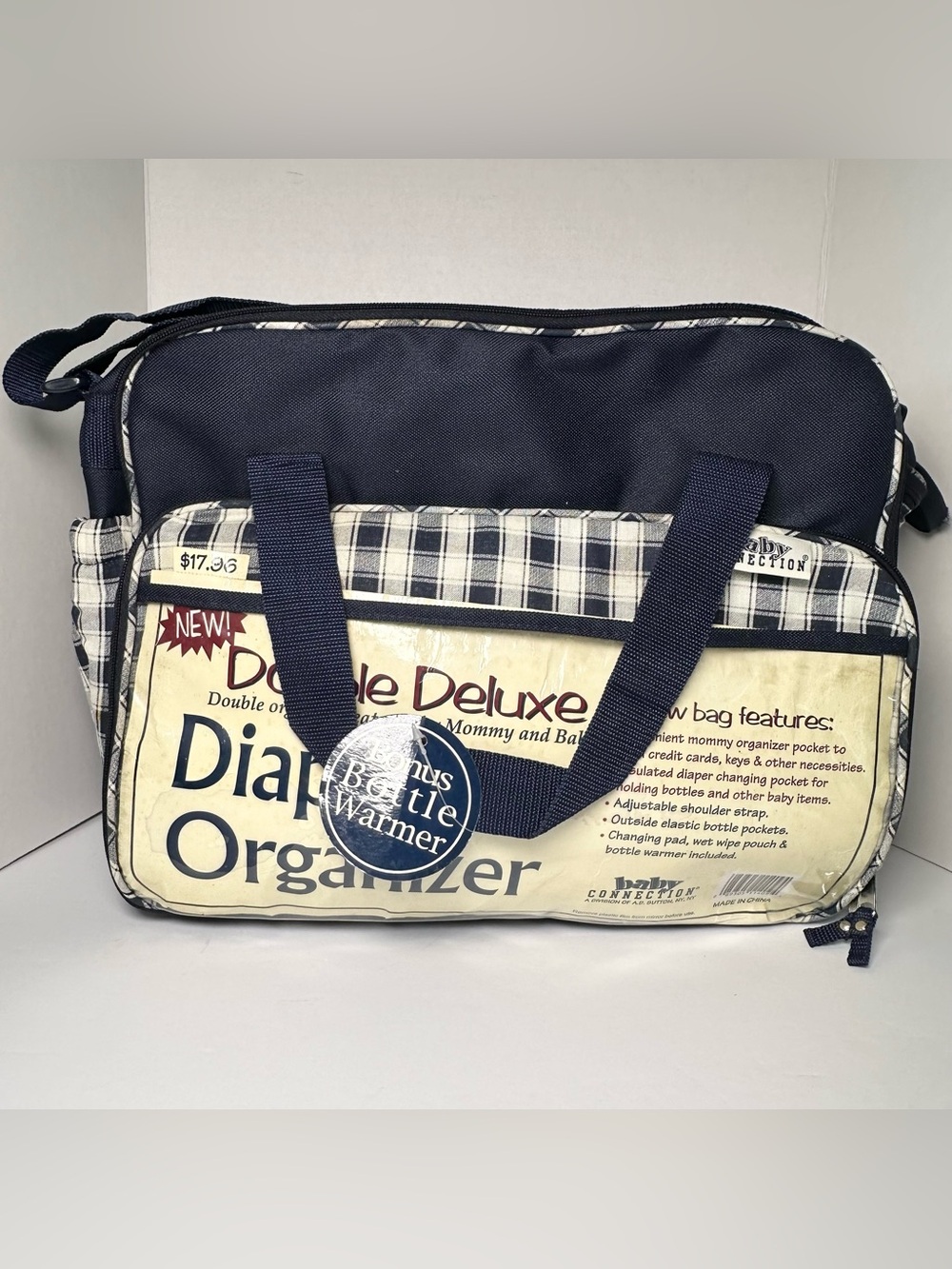 VTG Baby Connection Double Deluxe Diaper Bag Navy Plaid DEADSTOCK Reborn Parent